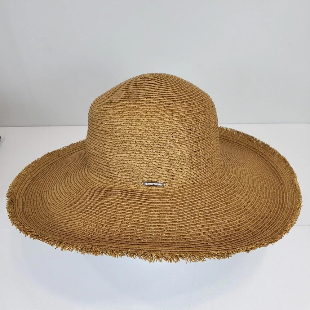 Bijoux‎ Terner Floppy Sun Hat Wide Brim Frayed Edge Tan Beach Vacation Wear